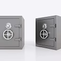 Two Gray Metal Safes With Round Combination Locks And Hinged Doors
