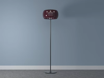 Modern Crimson Lampshade Floor Lamp with Black Pole Against Light Blue Wall and Gray Floor 3d model