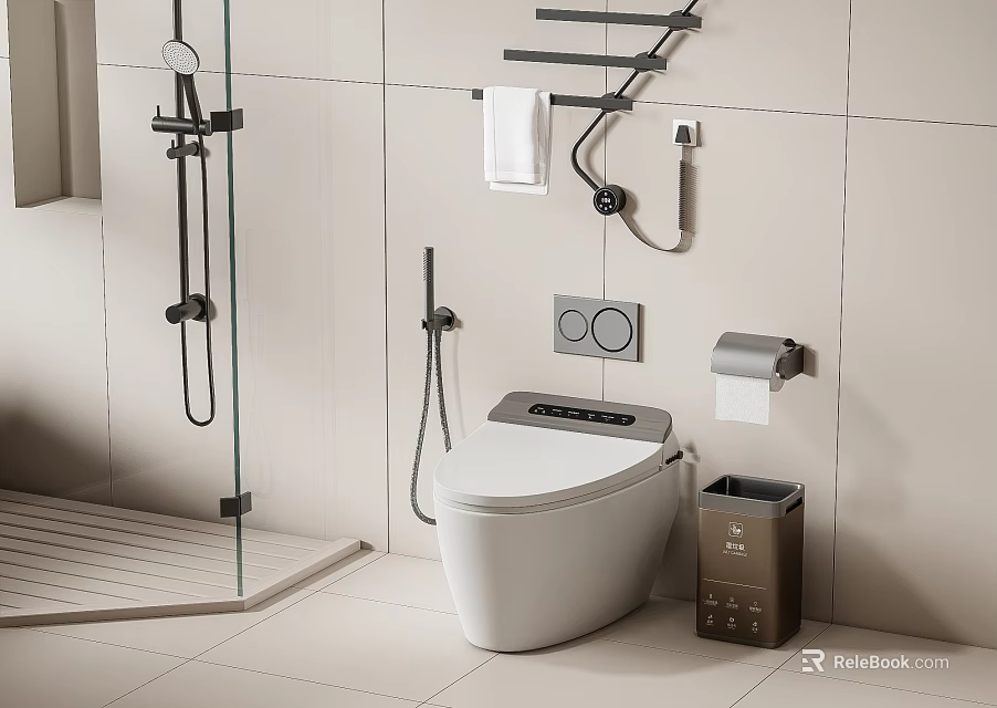 Modern Toilet in Bathroom with White Tile Walls Shower Towel Rack and Toilet Paper Holder 3d model 