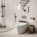 Modern Toilet in Bathroom with White Tile Walls Shower Towel Rack and Toilet Paper Holder