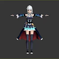 Game Movie Character With White Long Hair Blue Black Outfit Glowing Accents Red Cape