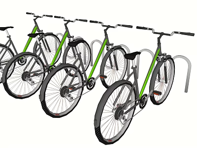 Several Green and Black Bicycles Neatly Parked on Modern Bike Racks 3d model