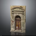 Classical Architectural Model Showcasing Arched Wooden Doorway With Carved Stone Trim