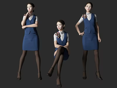 Women In Blue Uniform Dress With White Shirt Standing And Sitting Poses 3d model