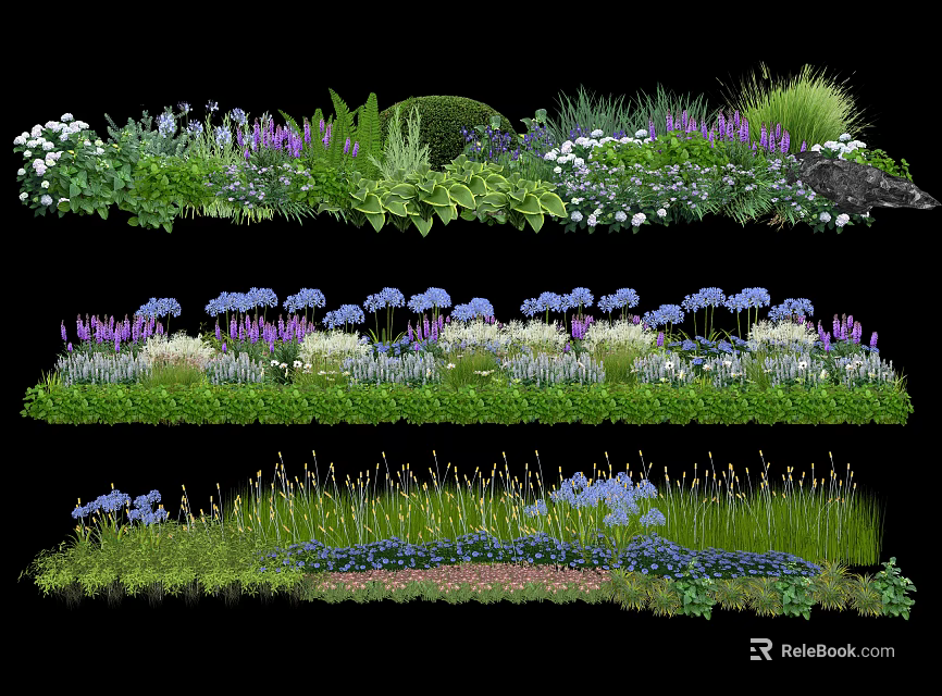 Beautiful Flower Garden With Purple White Blue Blooms And Green Plants 3d model 