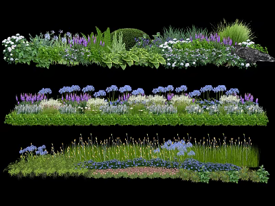 Beautiful Flower Garden With Purple White Blue Blooms And Green Plants 3d model