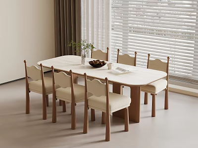 Minimalist Modern Dining Table With Beige Chairs Light Wood Legs Green Plant And White Blinds 3d model
