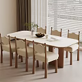 Minimalist Modern Dining Table With Beige Chairs Light Wood Legs Green Plant And White Blinds