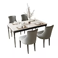 Modern Dining Table Set With Marble Top Grey Upholstered Chairs Tableware And Decorative Branches 3d model