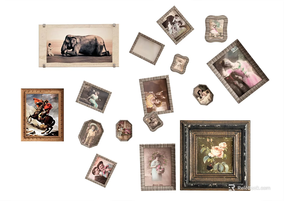 Vintage And Modern Picture Frames With Various Artworks Portraits Animals And Flowers 3d model 