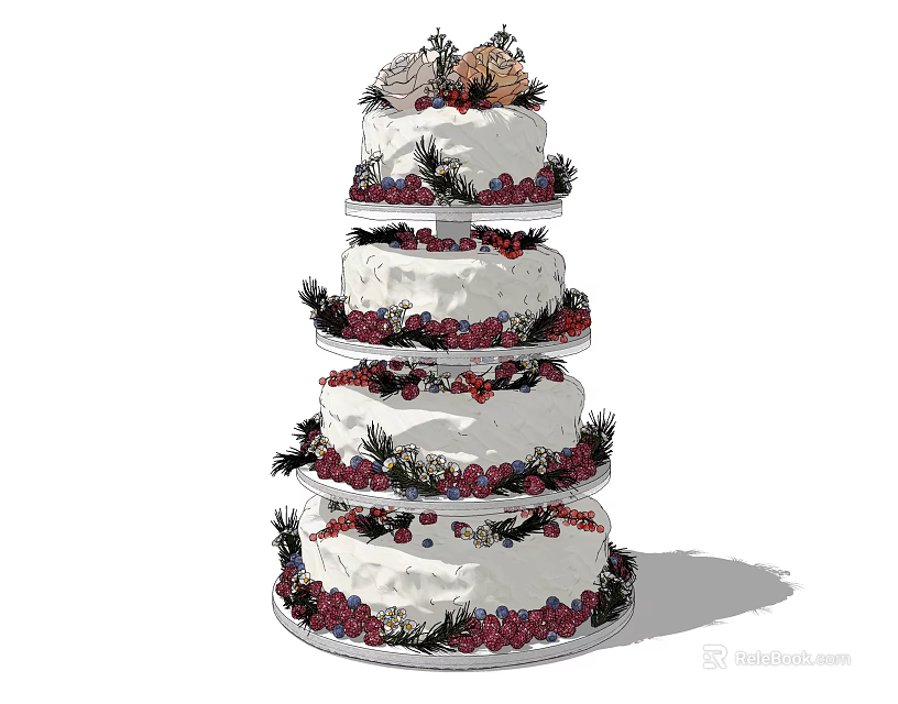 Four Tiered Wedding Cake With White Cream Red Berries And Green Foliage Decorative Top 3d model 
