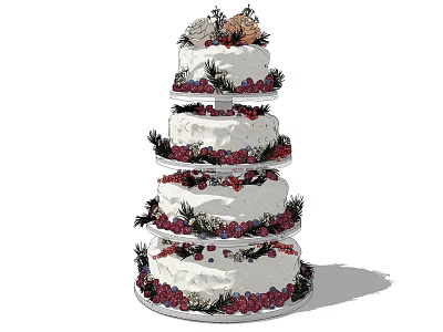 Four Tiered Wedding Cake With White Cream Red Berries And Green Foliage Decorative Top 3d model
