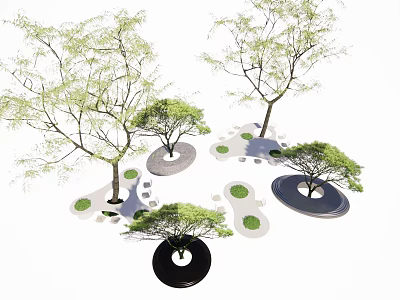 Puzzle Shaped Landscape Seats With Trees And Green Grass Patches In Outdoor Garden 3d model