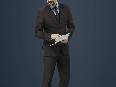 Man In Brown Formal Suit Holding White Documents Against Dark Blue Background 3d model