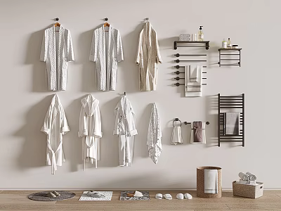 Soft White Robes Hanging On Wall With Towel Racks And Toiletries 3d model