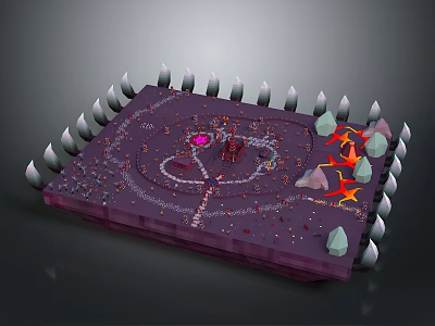 Purple Game Platform Scene With Surrounding Spikes Central Red Structure And Pink Gem 3d model