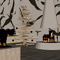 Modern Fireplace With Burning Fire Wooden Structure And Golden Bird Decorations