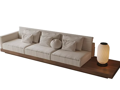Light Beige Sectional Sofa With Plush Cushions And Wooden Platform Table Lamp 3d model