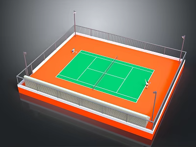 Outdoor Tennis Court Design With Green Area Orange Surface Fence And Light Poles 3d model