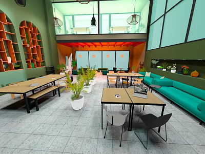 Modern Cafe Interior With Green Walls Orange Accents Long Tables Sofa Seating And Hanging Lights 3d model