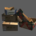 Open And Stacked Cardboard Boxes With Labels And Patterns On Gray Background 3d model