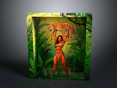 Cube Artwork Display Featuring Woman Holding Leopard in Green Tropical Rainforest 3d model