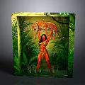 Cube Artwork Display Featuring Woman Holding Leopard in Green Tropical Rainforest