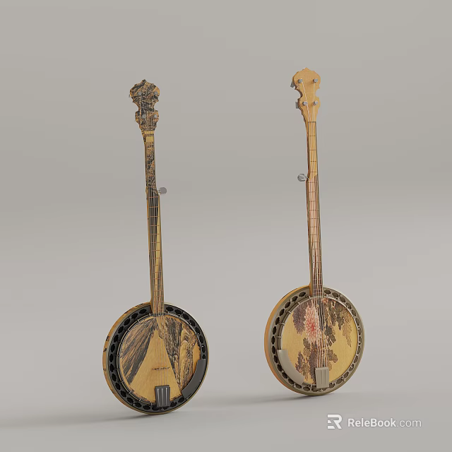 Traditional Handmade Banjos Featuring Intricate Painted Designs On Decorative Wooden Bodies 3d model 