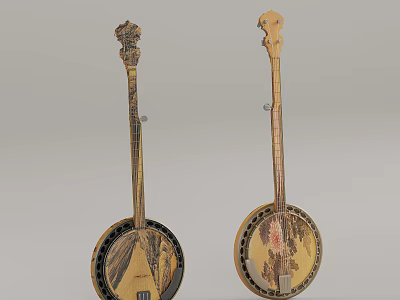 Traditional Handmade Banjos Featuring Intricate Painted Designs On Decorative Wooden Bodies 3d model