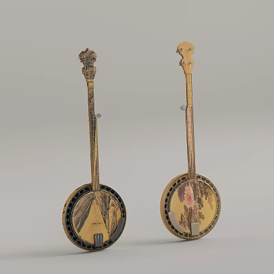 Traditional Handmade Banjos Featuring Intricate Painted Designs On Decorative Wooden Bodies 3d model