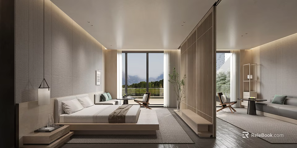 Modern Hotel Room With Mountain View And Minimalist Decor 3d model 