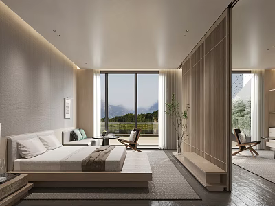Modern Hotel Room With Mountain View And Minimalist Decor 3d model