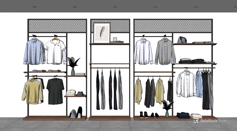 Modern Clothing Rack With Hanging Shirts Pants And Display Shelves In Retail Store 3d model 