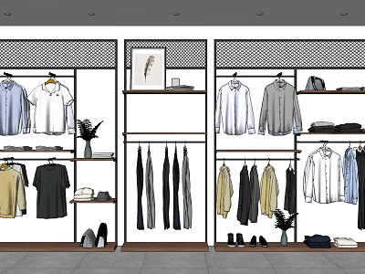 Modern Clothing Rack With Hanging Shirts Pants And Display Shelves In Retail Store 3d model