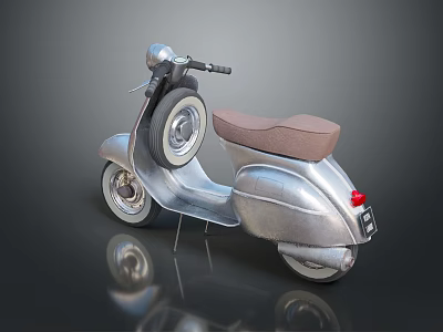 Vintage Silver Scooter With Brown Seat And Reflection On Dark Background 3d model