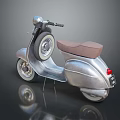 Vintage Silver Scooter With Brown Seat And Reflection On Dark Background