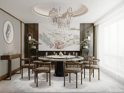 Private Dining Room In Chinese Style With Round Table Chandelier And Landscape Painting 3d model