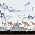 Courtyard Garden With Golden Flamingo Sculptures Rock Bases Ink Painting Mountain Background And Flying Birds 3d model