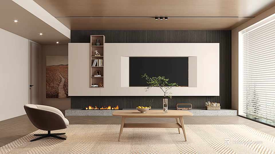 Modern Living Room With TV Wall Fireplace Wooden Coffee Table Green Plant Bookshelf And Rug 3d model 