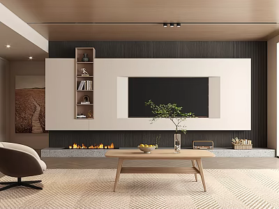 Modern Living Room With TV Wall Fireplace Wooden Coffee Table Green Plant Bookshelf And Rug 3d model