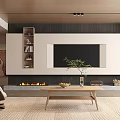 Modern Living Room With TV Wall Fireplace Wooden Coffee Table Green Plant Bookshelf And Rug