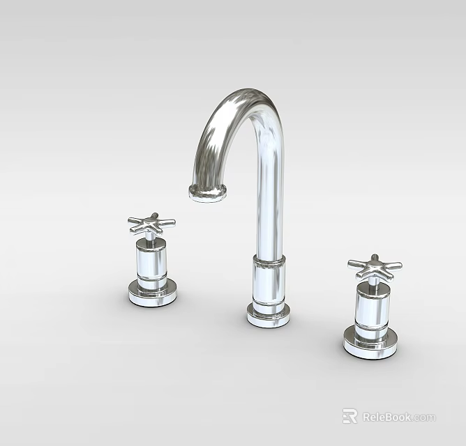 Chrome Two Handle Faucet with Curved Spout and Lever Handles Design Features 3d model 