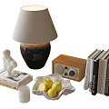 Decorative Ornaments Set Including Table Lamp Figurine Books Vintage Radio Ceramic Bowl and Candle