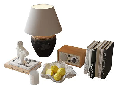 Decorative Ornaments Set Including Table Lamp Figurine Books Vintage Radio Ceramic Bowl and Candle 3d model