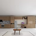 Modern Apartment with Open Kitchen Wooden Cabinets White Tile Floor Large Windows and Green View