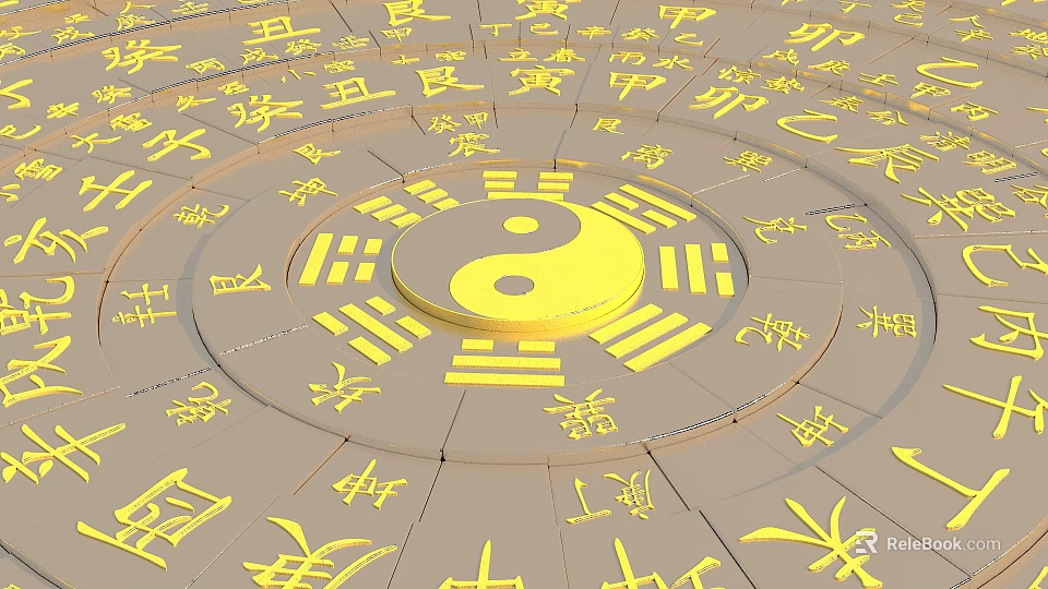 Ancient Traditional Chinese Yin Yang Bagua Design With Surrounding Chinese Characters 3d model 
