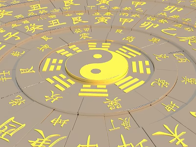 Ancient Traditional Chinese Yin Yang Bagua Design With Surrounding Chinese Characters 3d model