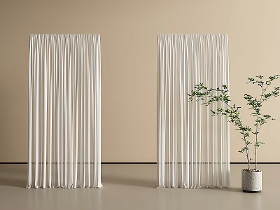 Elegant White Floor Length Curtains In Minimalist Room With Green Plant 3d model
