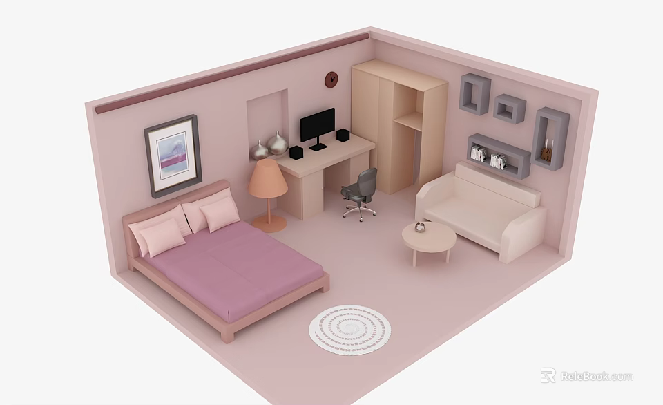 Cozy Interior Design With Bed Desk Computer Sofa Chair Picture Side Table And Rug 3d model 