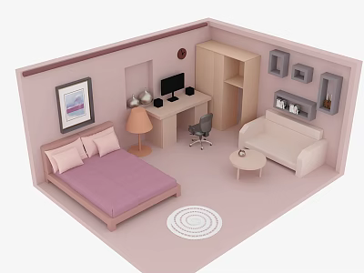Cozy Interior Design With Bed Desk Computer Sofa Chair Picture Side Table And Rug 3d model